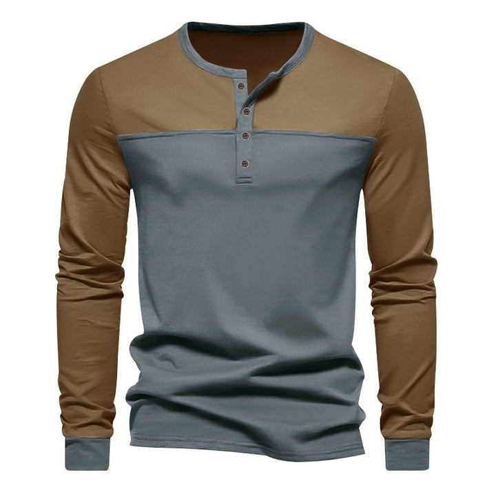 Men's two-tone long sleeve shirt in Henley style with shoulder yoke, short button placket and ribbed cuffs Mune Fashion