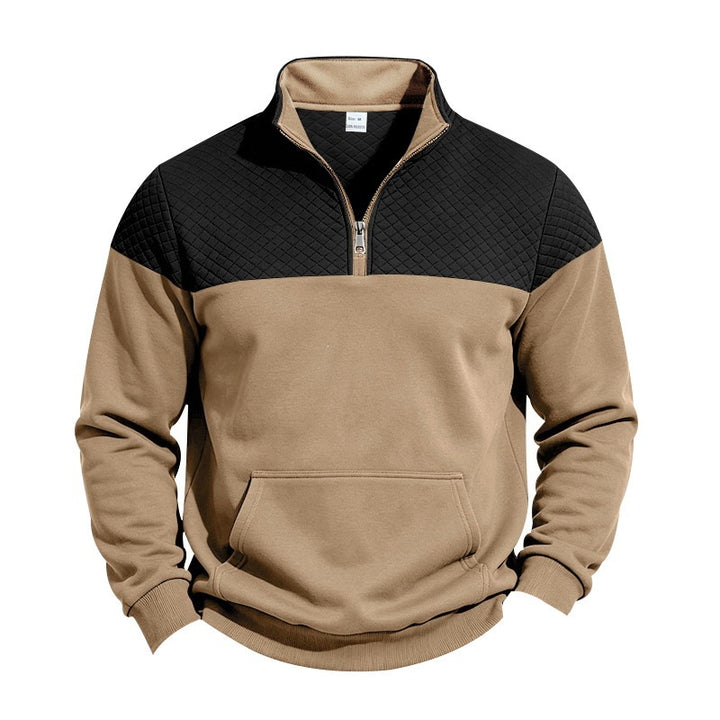 Men's Stand Collar Sweatshirt with Half Zip, Quilted Shoulder Yoke and Kangaroo Pocket Mune Fashion