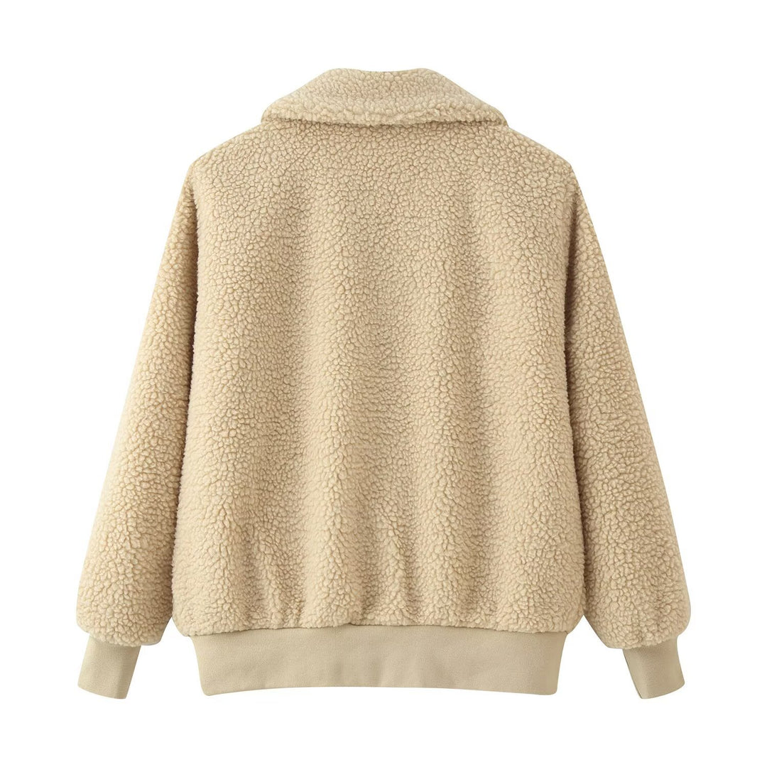 Ladies Oversized Teddy Jacket with Zipper, Collar and Patch Pockets Mune Fashion