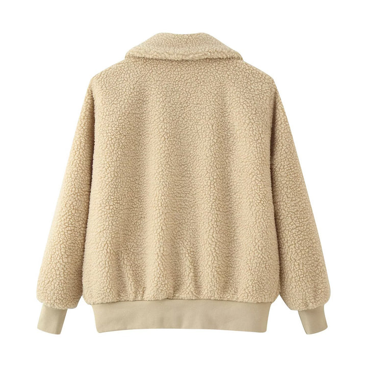 Ladies Oversized Teddy Jacket with Zipper, Collar and Patch Pockets Mune Fashion