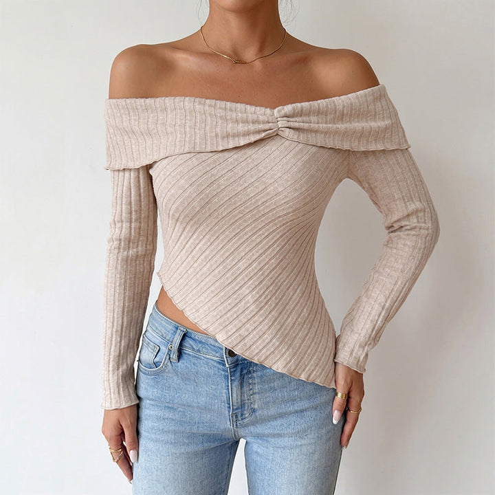 Women's Figure-Hugging Off-Shoulder Ribbed Knit Top with Knot Front and Asymmetrical Hem Mune Fashion