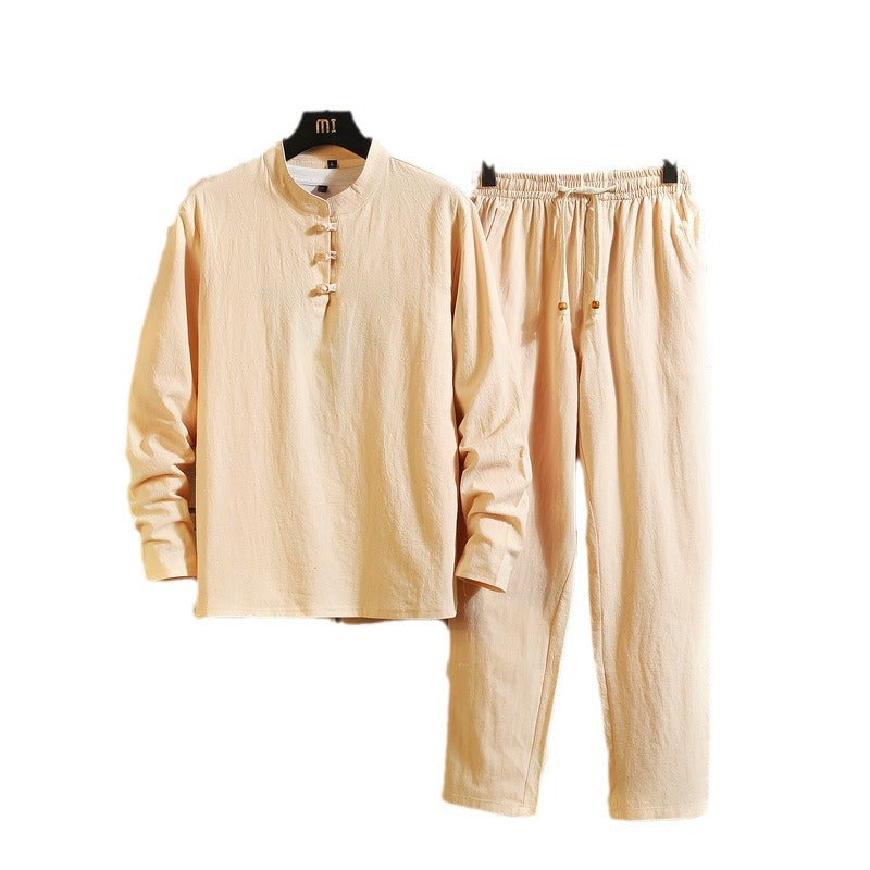 Men's relaxed cotton-linen two-piece with stand-up collar and drawstring Mune Fashion