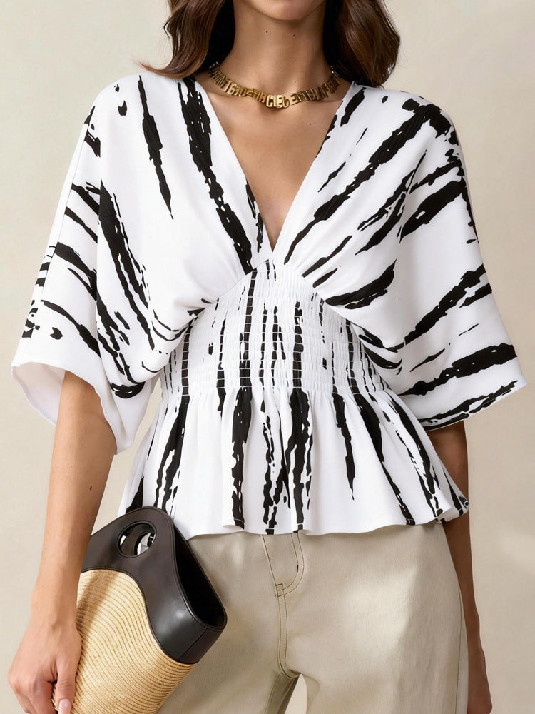 Women's V-Neck Blouse with Loose Fit and Ruching Mune Fashion