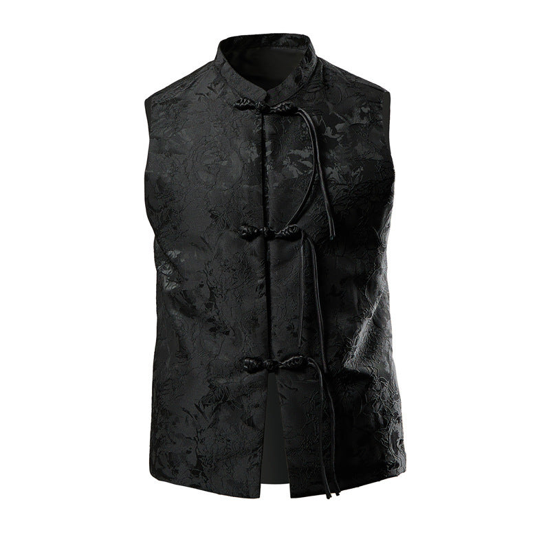 Men's sleeveless Chinese-inspired vest with stand-up collar, jacquard pattern, and knot closures Mune Fashion