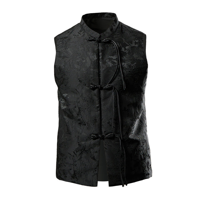 Men's sleeveless Chinese-inspired vest with stand-up collar, jacquard pattern, and knot closures Mune Fashion