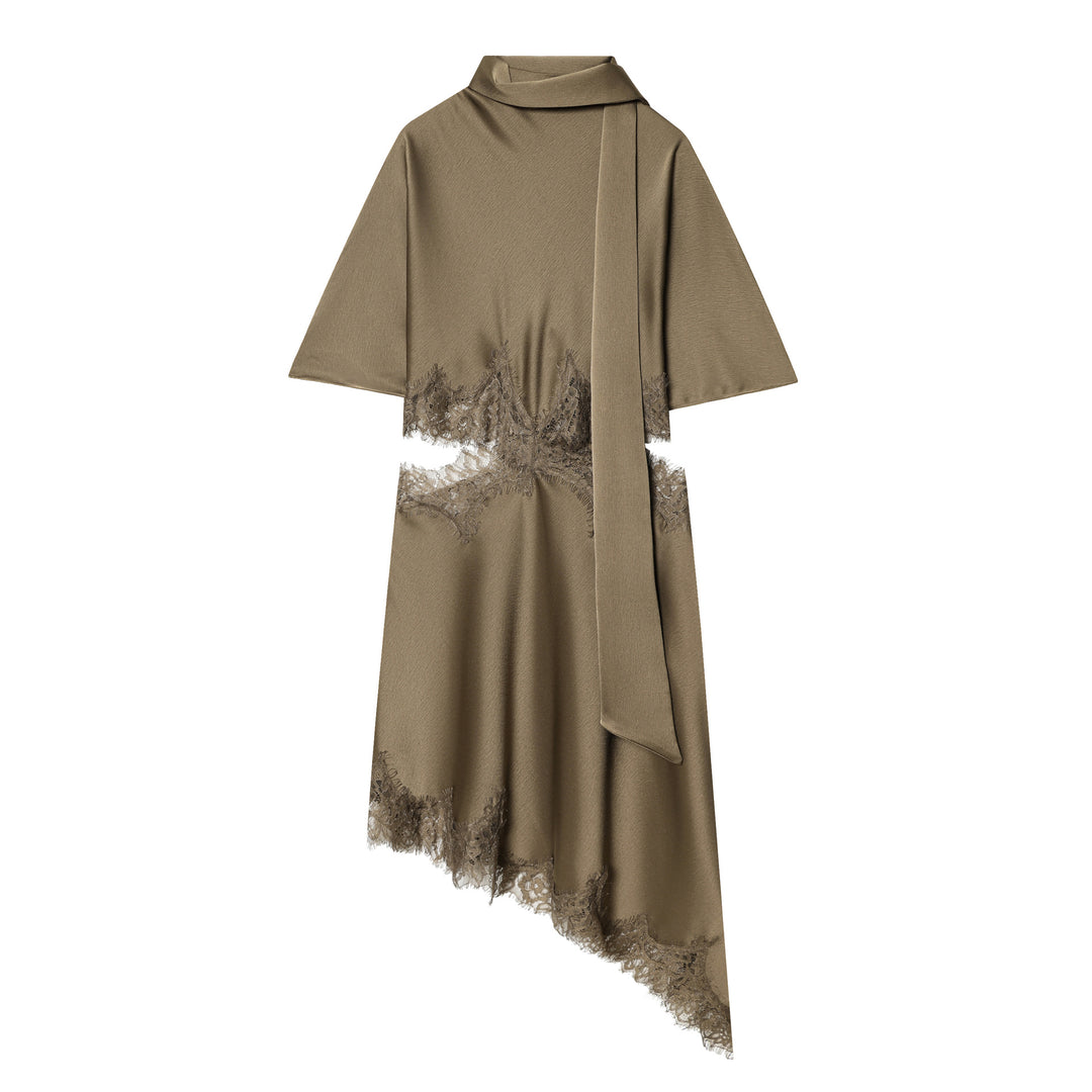 Women nan asymmetrical cape midi dress with stand-up collar, scarf and delicate lace hem Mune Fashion