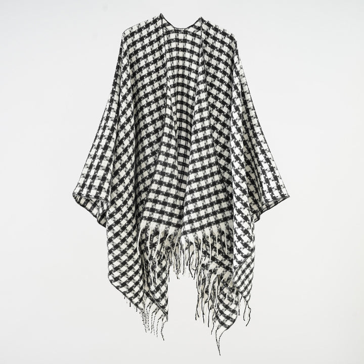 Women's Open Wool Blend Poncho in Houndstooth Check with Fringes Mune Fashion