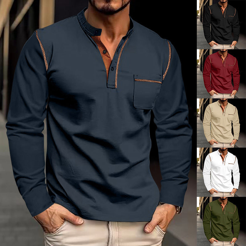 Men's Long Sleeve Henley Shirt with Stand Collar and Chest Pocket Mune Fashion