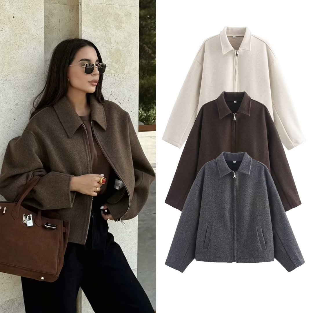 Women's Oversize Wool Blend Boxy Jacket with Full Zip and Side Pockets Mune Fashion