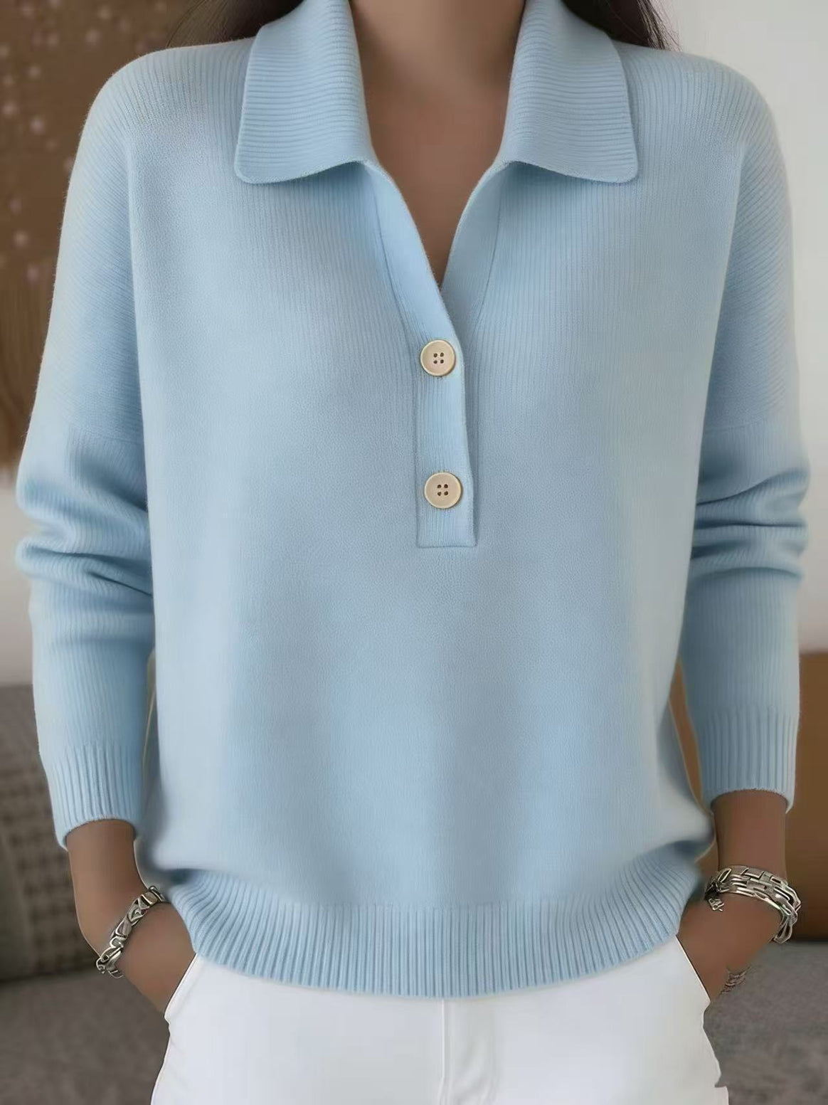 Women's casual fine knit polo collar sweater with two-button placket Mune Fashion