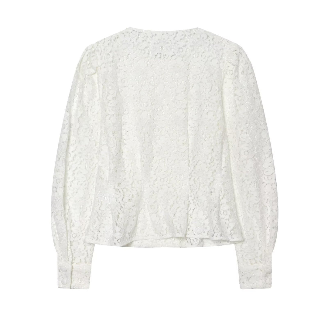 Women's Lace Jacket with Delicate Floral Lace, Decorative Button Placket and Balloon Sleeves Mune Fashion