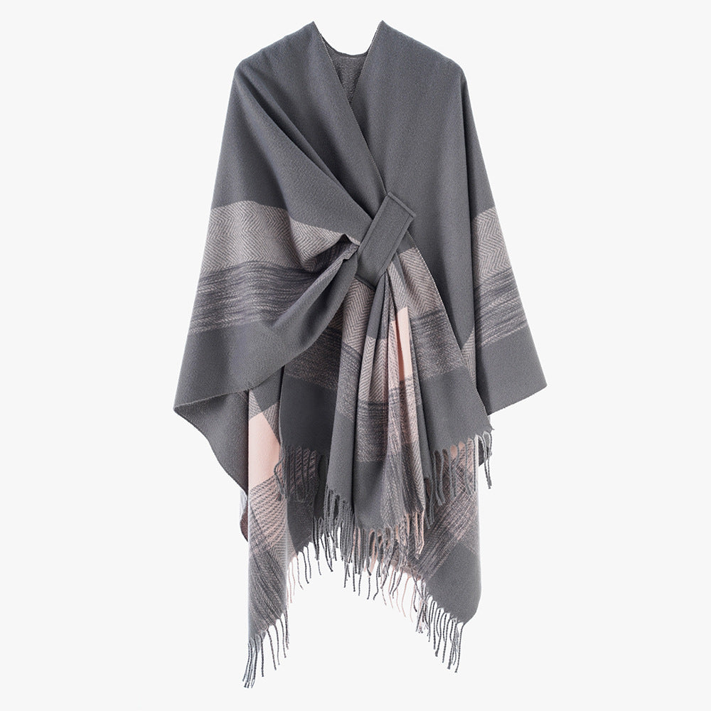 Women's Sleeveless Wool Blend Cover-Up with Tie Loop and Fine Fringe Hem Mune Fashion