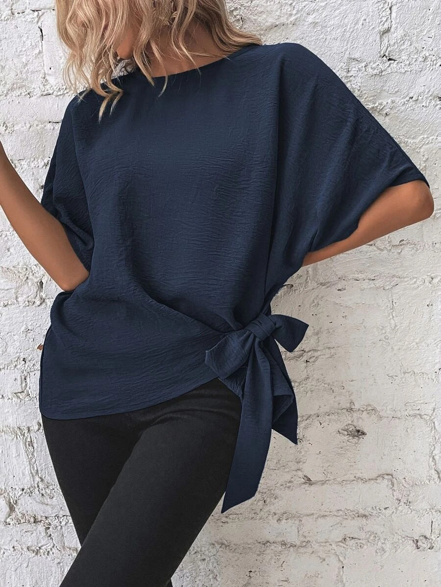 Women Oversize Short Sleeve Top with Side Bow and Crinkle Structure Mune Fashion