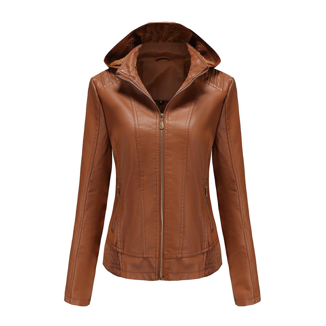 Women's tailored faux leather jacket with hood, padded inner lining and concealed zip pockets Mune Fashion
