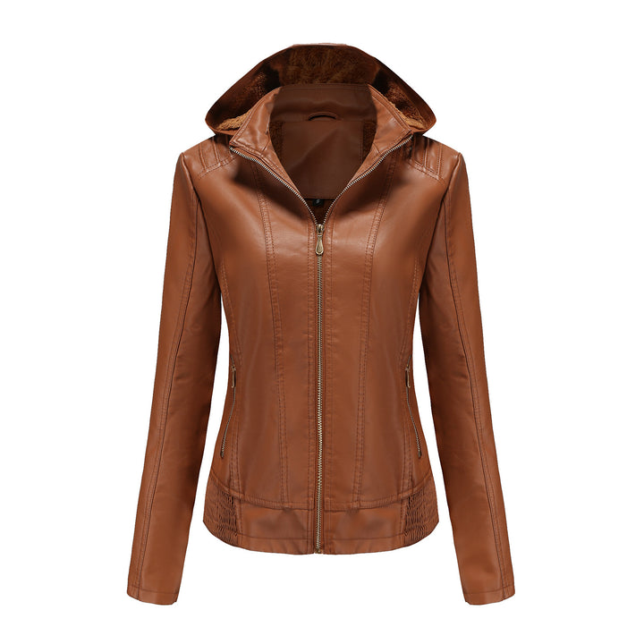 Women's tailored faux leather jacket with hood, padded inner lining and concealed zip pockets Mune Fashion