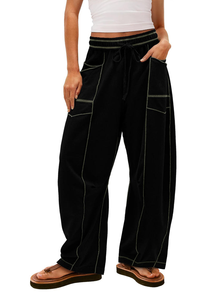 Women wide cargo lounge pants with elastic waistband and contrast seams Mune Fashion