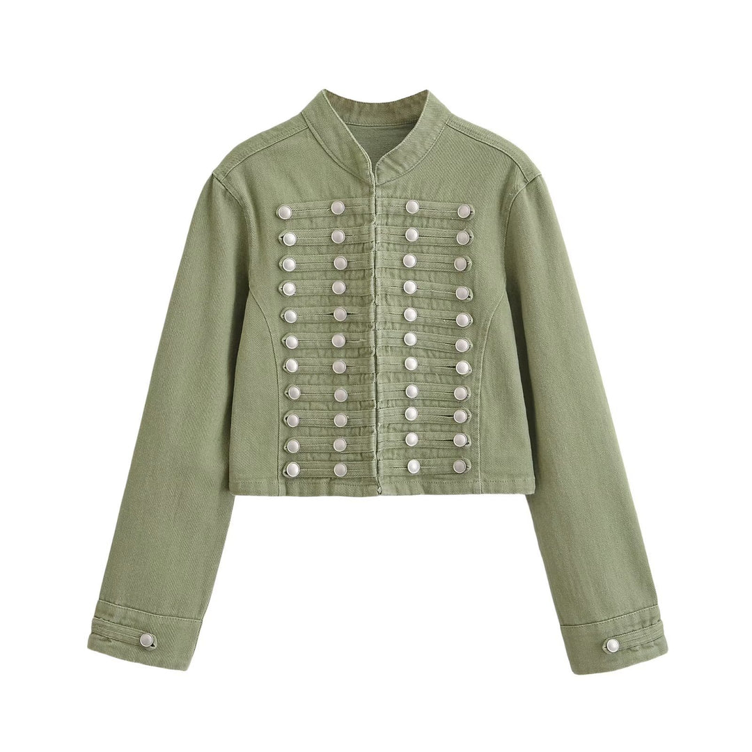 Women's denim jacket in military style with stand-up collar and decorative button plackets Mune Fashion