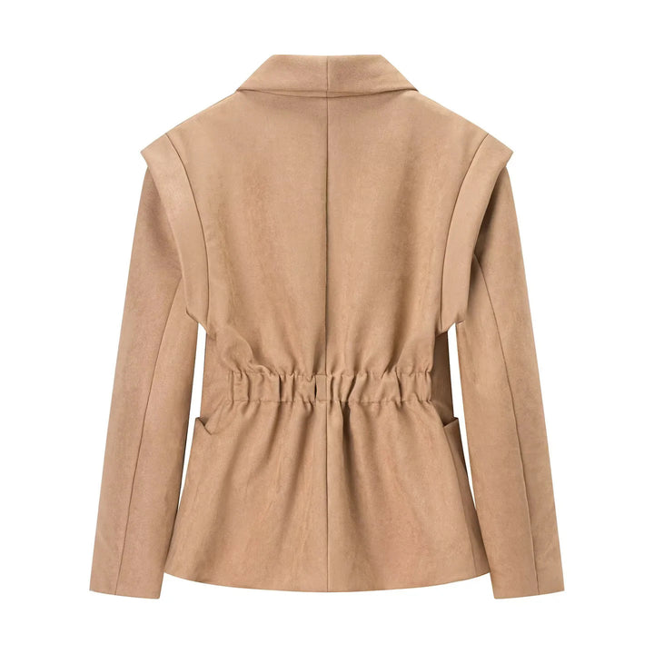 Women's elegant velour-look blazer with deep shawl collar, single-button closure, and large patch pockets Mune Fashion