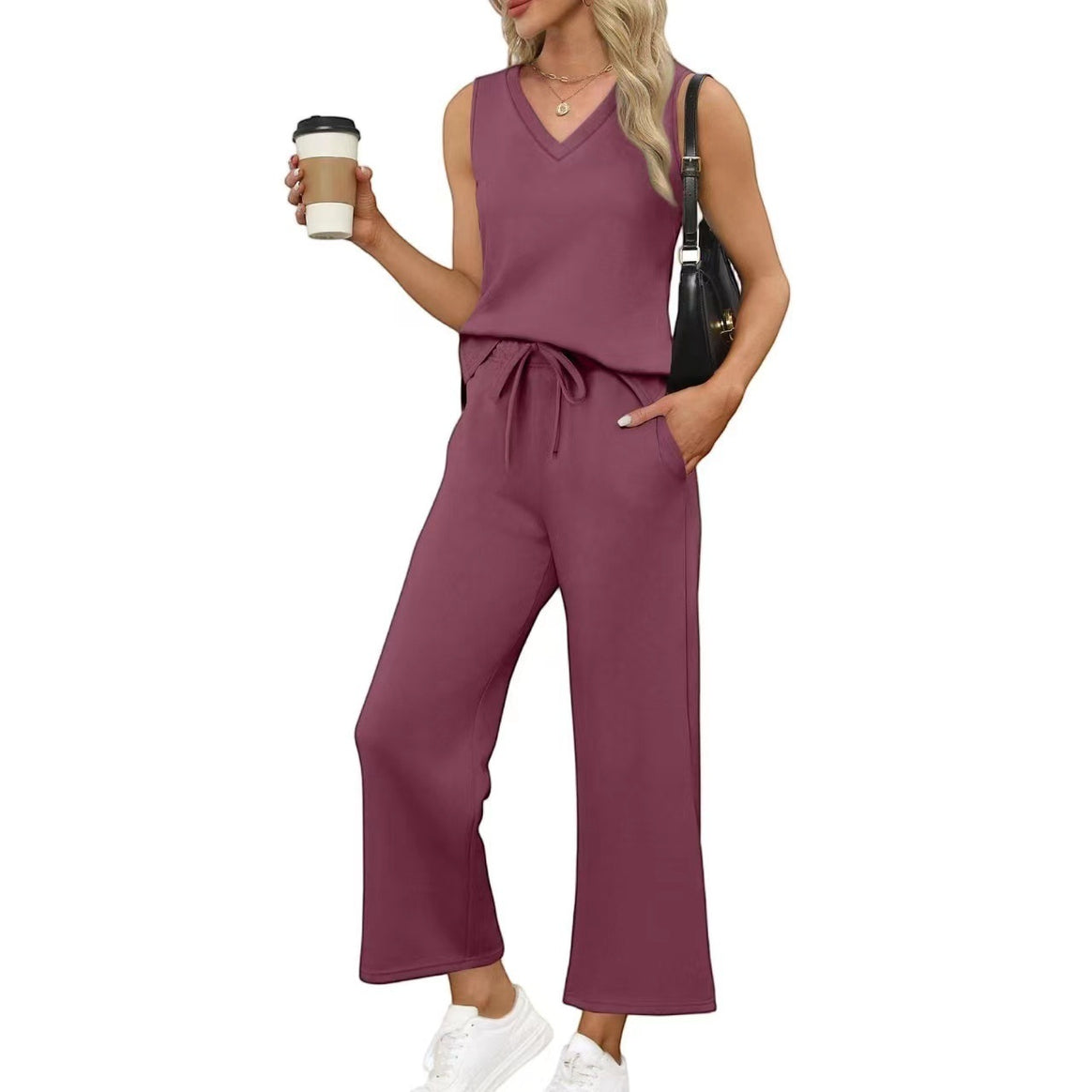 Women Casual Two-Piece Lounge Set with Sleeveless V-Neck Top and Wide Drawstring Pants Mune Fashion
