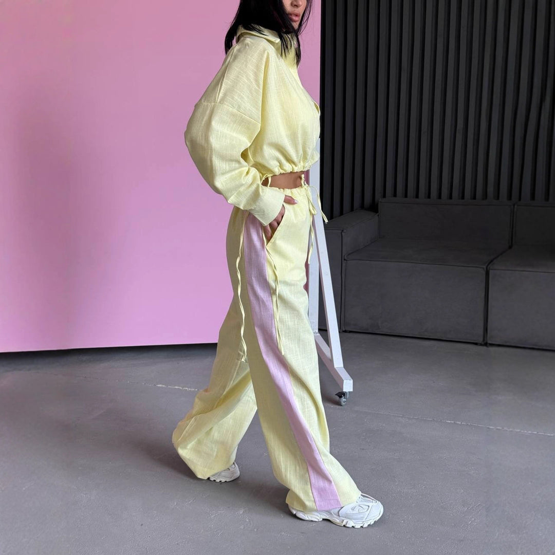 Women's short shirt with drawstring and wide high-cut linen pants set Mune Fashion