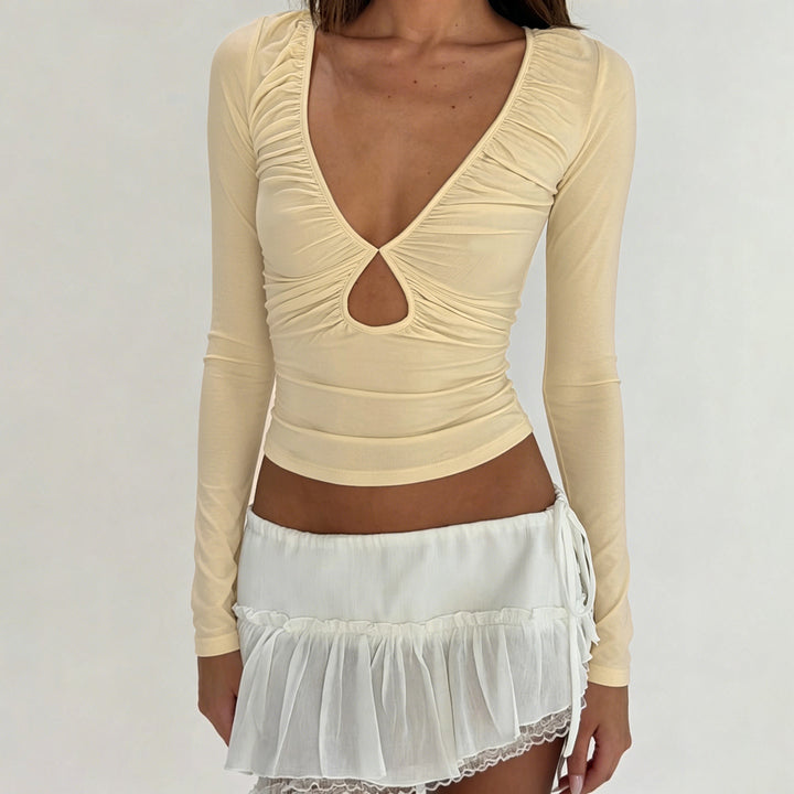 Women's fitted long-sleeve shirt with deep V-neck, gathering, and keyhole cutout Mune Fashion