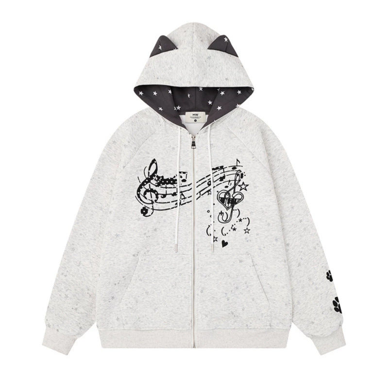 Women's zip hoodie with music print, 3D ear hood and paw appliqué Mune Fashion