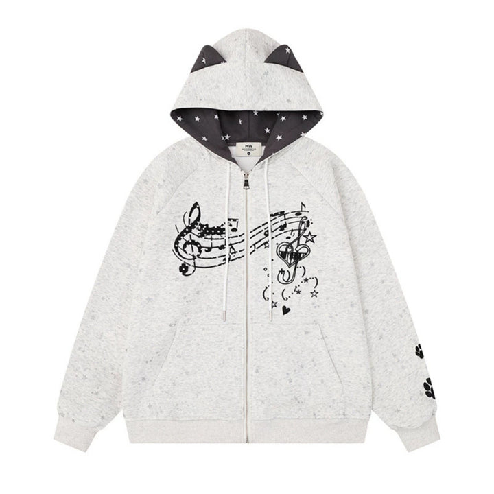 Women's zip hoodie with music print, 3D ear hood and paw appliqué Mune Fashion