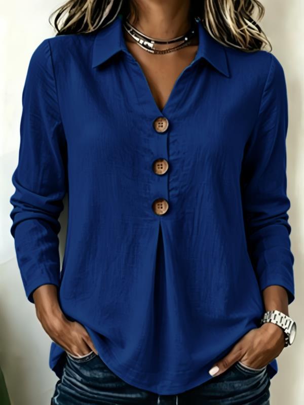 Women's Long Sleeve Shirt Blouse Top with Notched Collar and Decorative Button Placket Mune Fashion