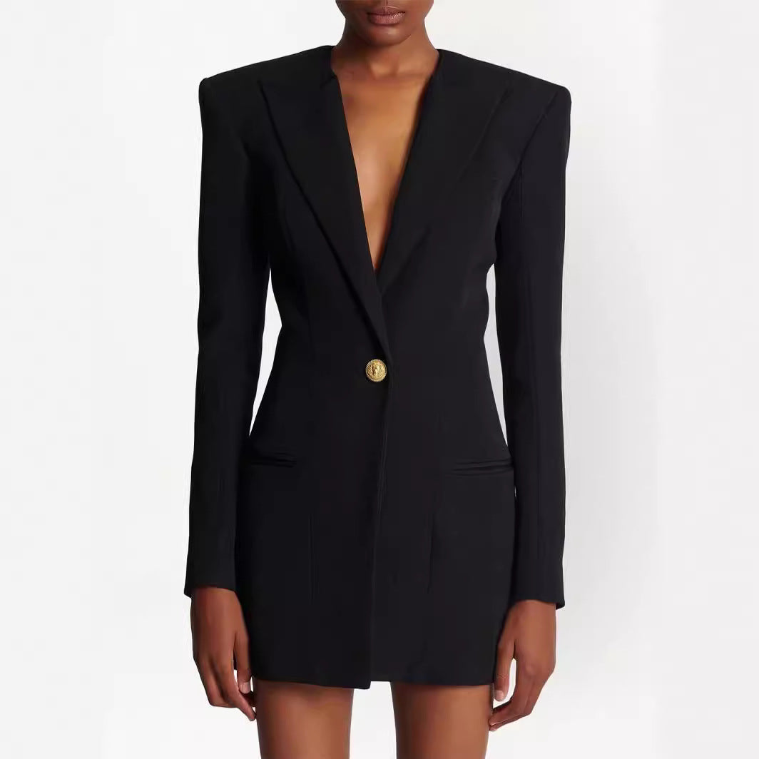 Women's short blazer dress in minimalist tailoring with emphasized shoulder and single-button closure Mune Fashion