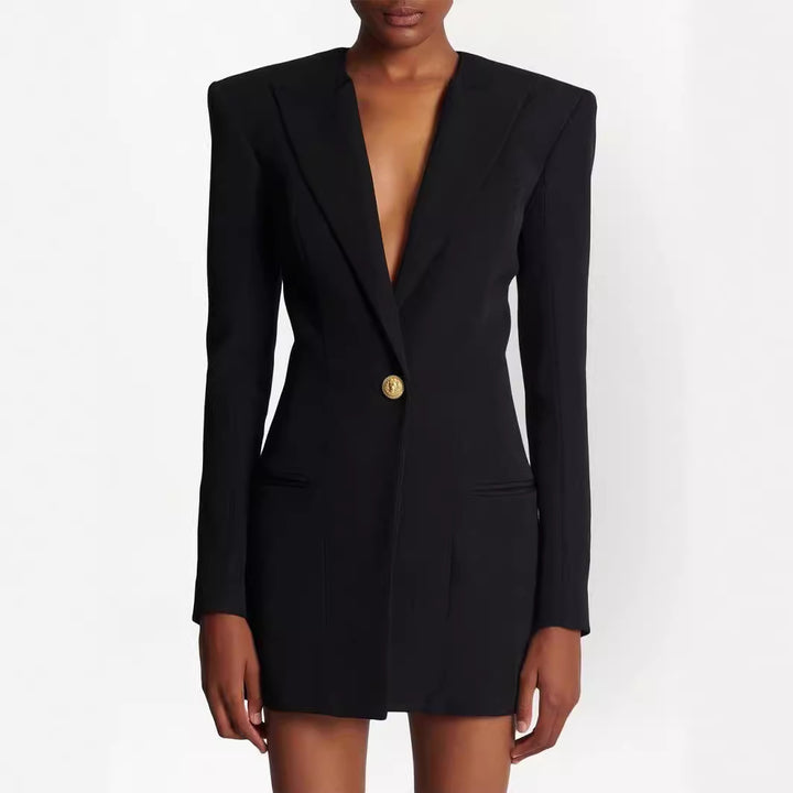 Women's short blazer dress in minimalist tailoring with emphasized shoulder and single-button closure Mune Fashion