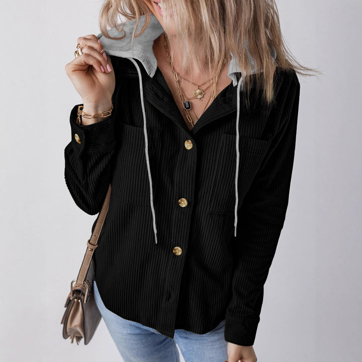Women Ribbed Shirt Jacket with Hood, Button Placket and Patch Pockets Mune Fashion