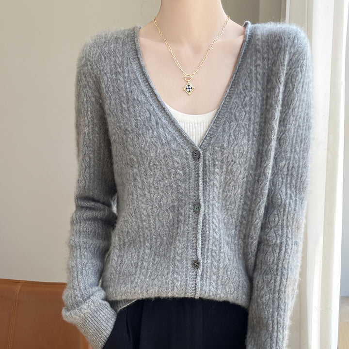 Women's Short Cable Knit Cardigan in Mohair Look with V-Neck and Ribbed Cuffs Mune Fashion