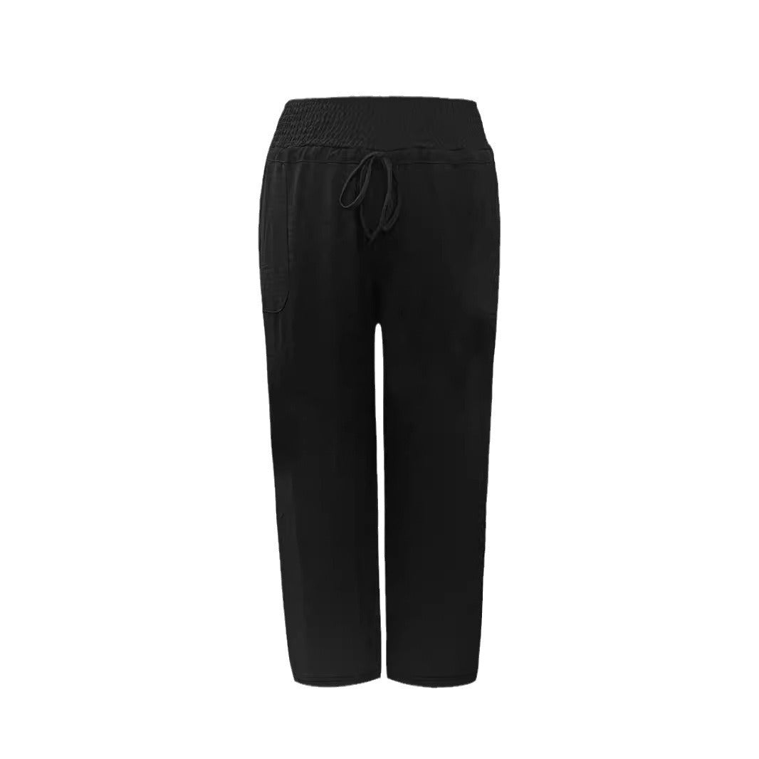 Women's Wide Linen Look Palazzo Pants with High Smocked Band, Drawstring and Side Pockets Mune Fashion