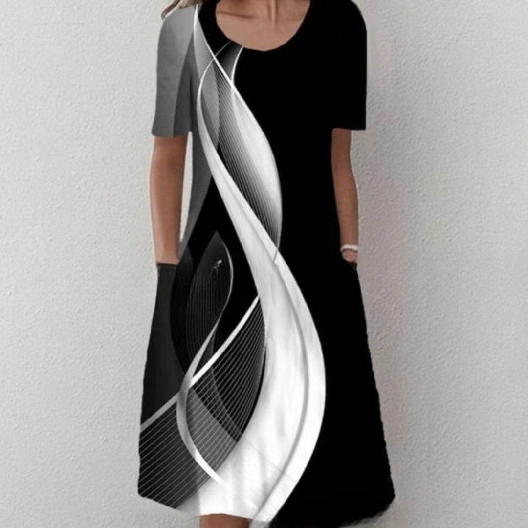 Women Pleated Midi Dress with Short Sleeves, Side Pockets and Floral Hem Mune Fashion