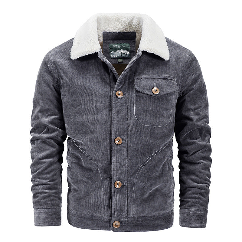 Men's cord trucker jacket with warming Sherpa collar and wooden button front Mune Fashion