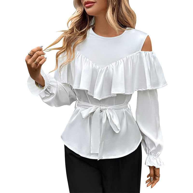 Women's Playful Blouse Top with Ruffle Details and Waist Belt Mune Fashion