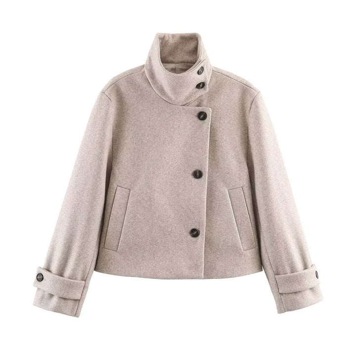 Women's short wool coat with a high stand-up collar, asymmetrical button placket, and adjustable cuff straps Mune Fashion