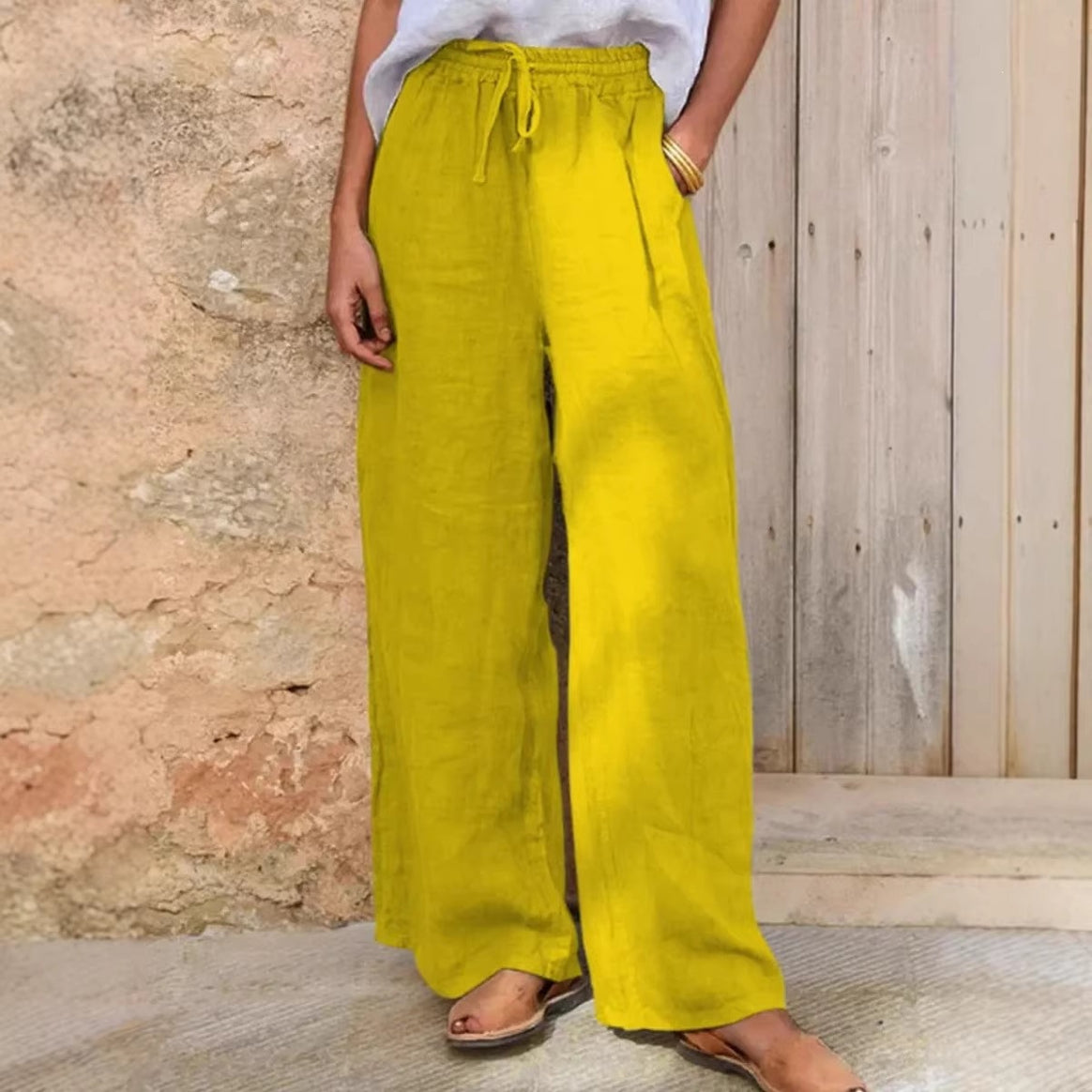 Women's High-Cut Linen Palazzo Pants with Drawstring and Wide Leg Mune Fashion