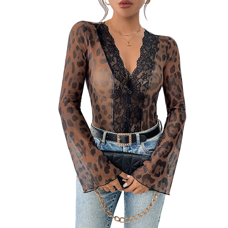 Women Transparent Mesh Bodysuit with Lace Trim, V-Neck and Leopard Print
