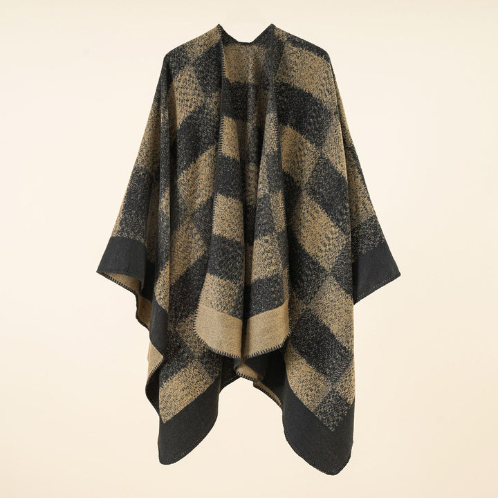 Women Versatile Wool Blend Wrap in Boxy Kimono Cut with Large Plaid Jacquard Detail
