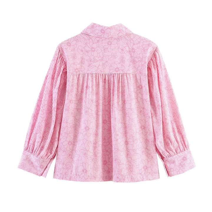 Women Striped Cotton Blouse with Puff Sleeves and Tonal Embroidery Mune Fashion