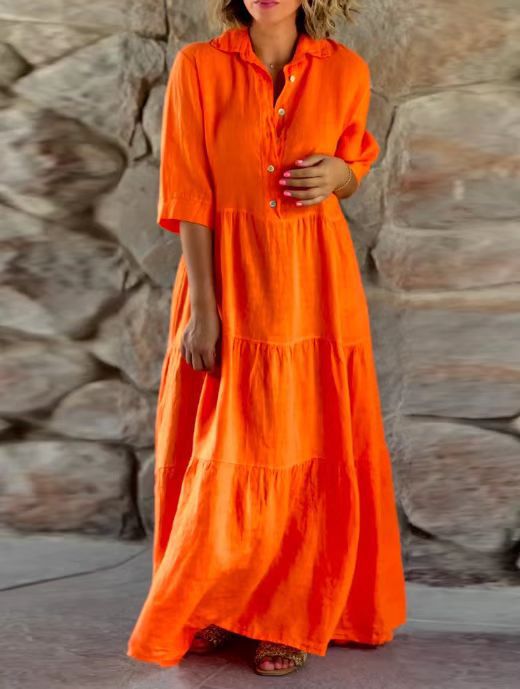 Women's summer linen blend tiered maxi dress with shirt collar, gathered waist and elbow-length sleeves Mune Fashion