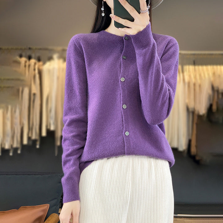 Women Lightweight Fine Knit Cardigan with Cashmere Look, Round Neckline and Hidden Button Placket Mune Fashion
