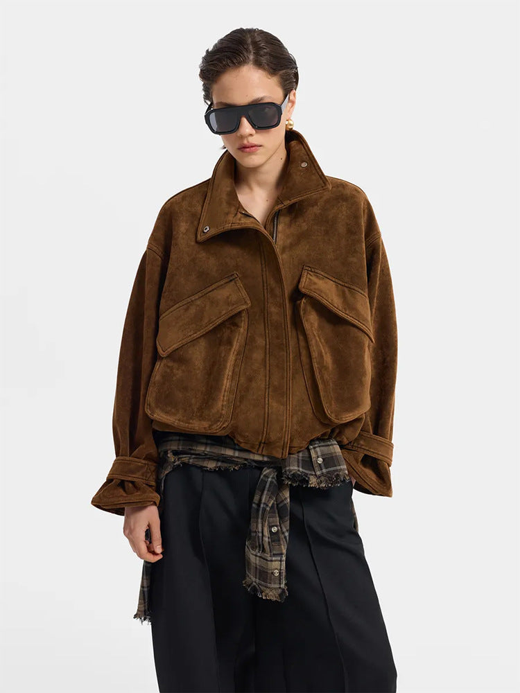 Ladies Oversize Suede Blouson with Large Flap Pockets and Stand-up Collar Mune Fashion