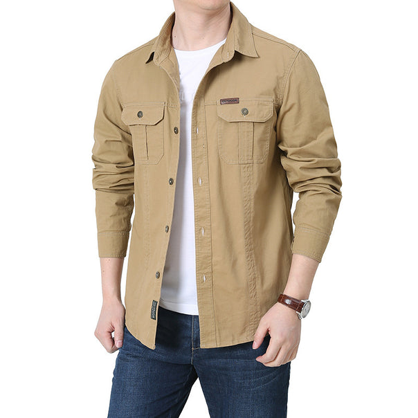 Men's urban worker shirt made of washed cotton twill with double chest pockets and contrast stitching.