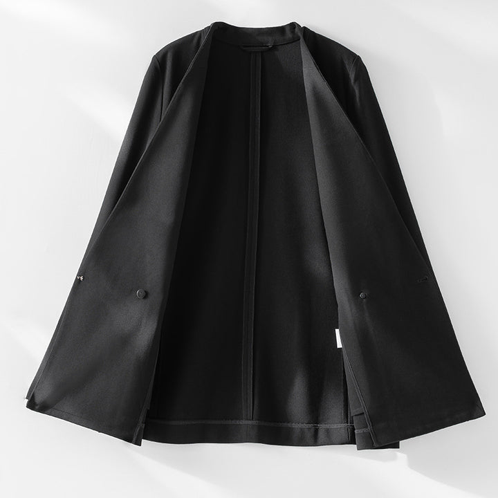 Women's collarless longline blazer with open V-neck and side pockets Mune Fashion