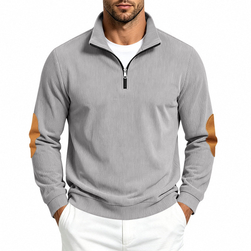 Men's fine knit half-zip sweater with cord structure and contrast elbow patches Mune Fashion