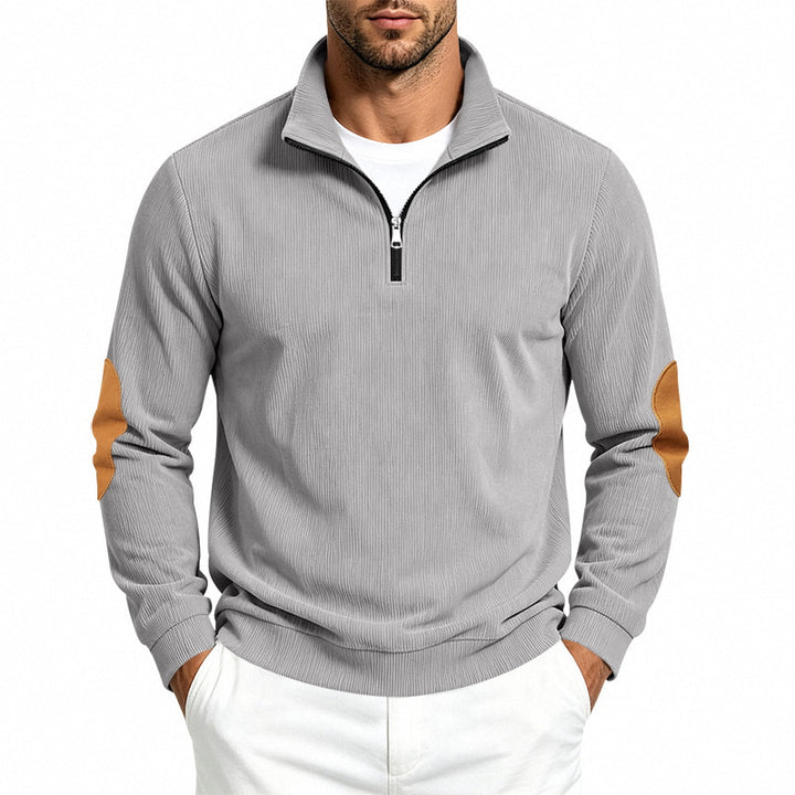 Men's fine knit half-zip sweater with cord structure and contrast elbow patches Mune Fashion