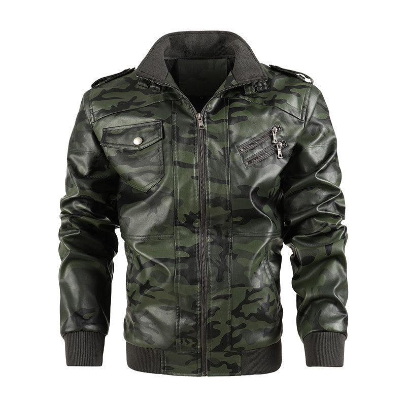 Men's Camouflage Faux Leather Biker Jacket with Shoulder Epaulettes, Zipper Detail and Ribbed Cuffs Mune Fashion