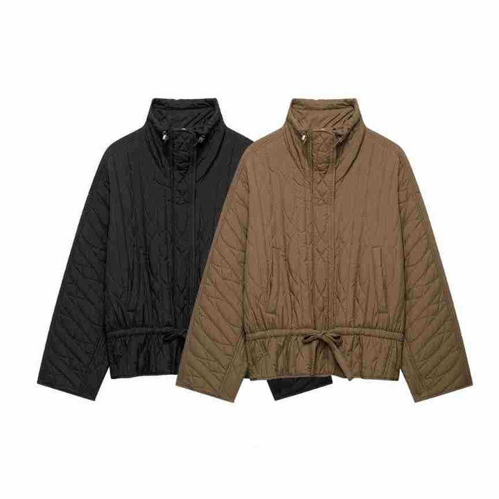 Women's short padded jacket with high stand collar, drawstring waist and oversized sleeves Mune Fashion